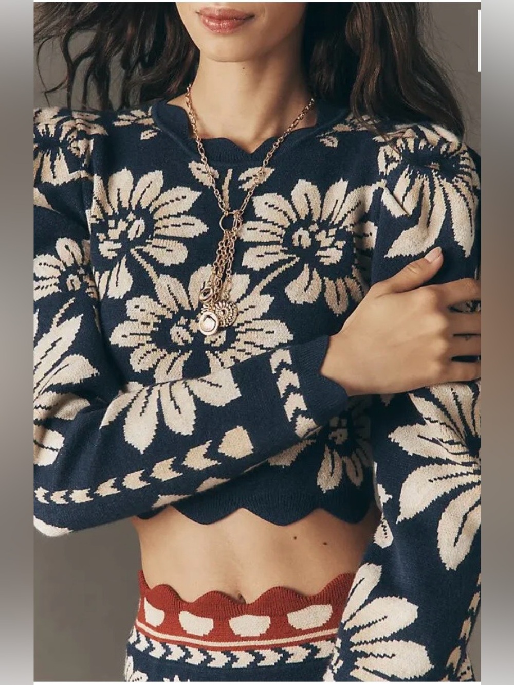 NWT Size XL - Farm Rio Luna Puff-Sleeve Crop Sweater